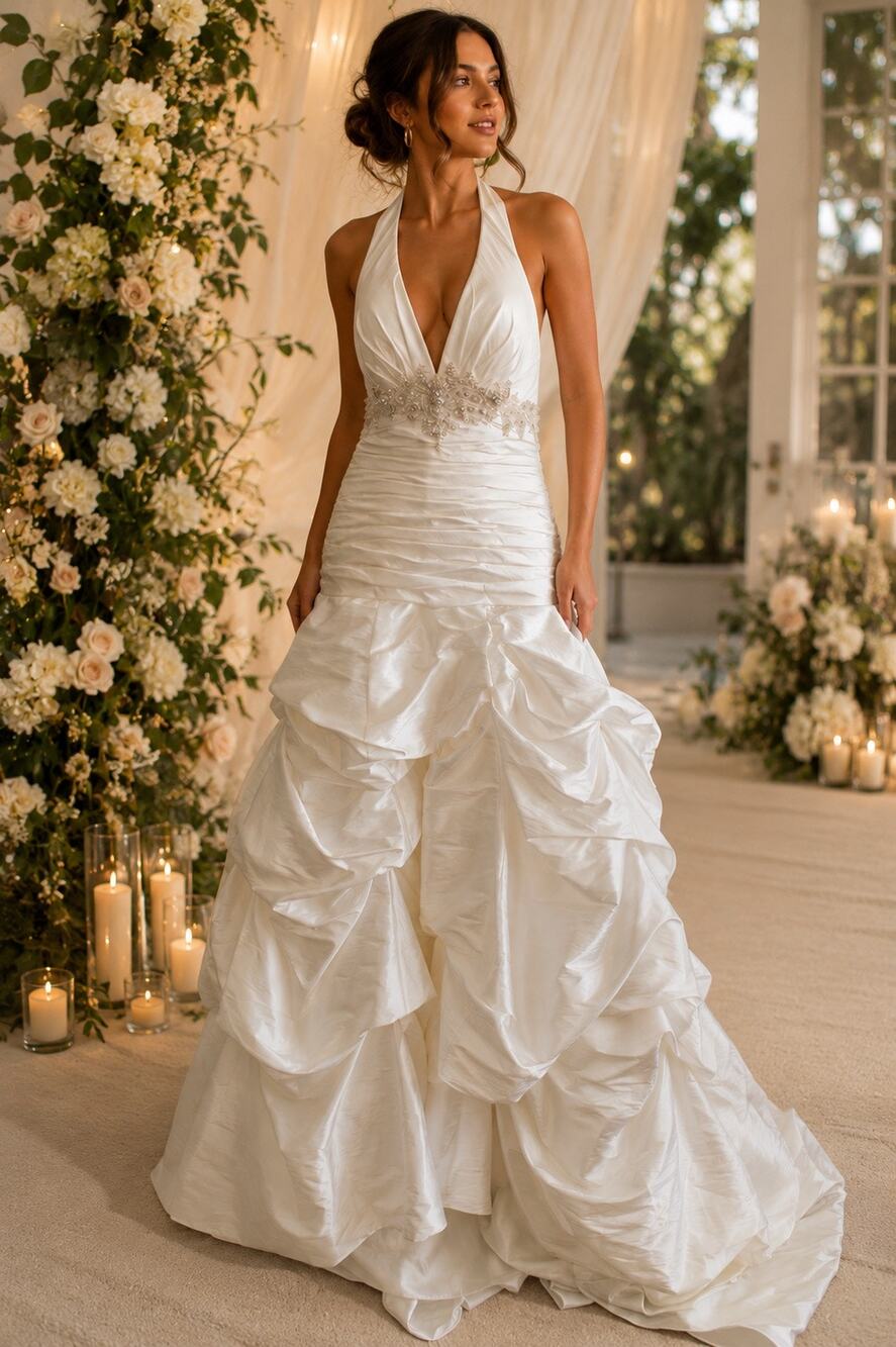 Casablanca Bridal Size 14 Ivory Silver Halter Beaded Wedding MSRP $1,080 NWOT